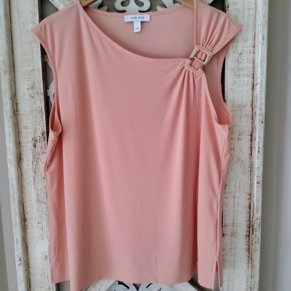 Nine West Peach Asymmetrical Neck Sleeveless Top Minimalist Office Chic Blush